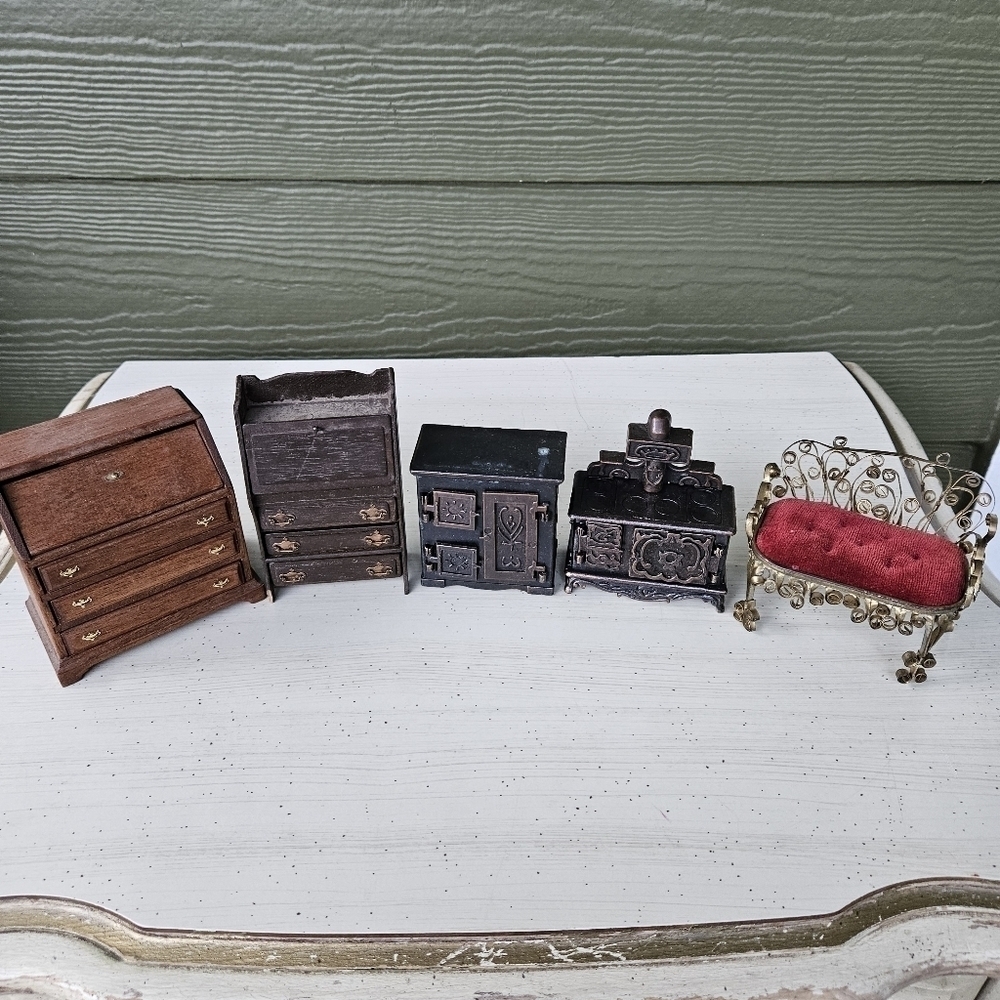Dollhouse Vintage Miniature Wood Metal Assorted Furniture Table Drawers Cabinet